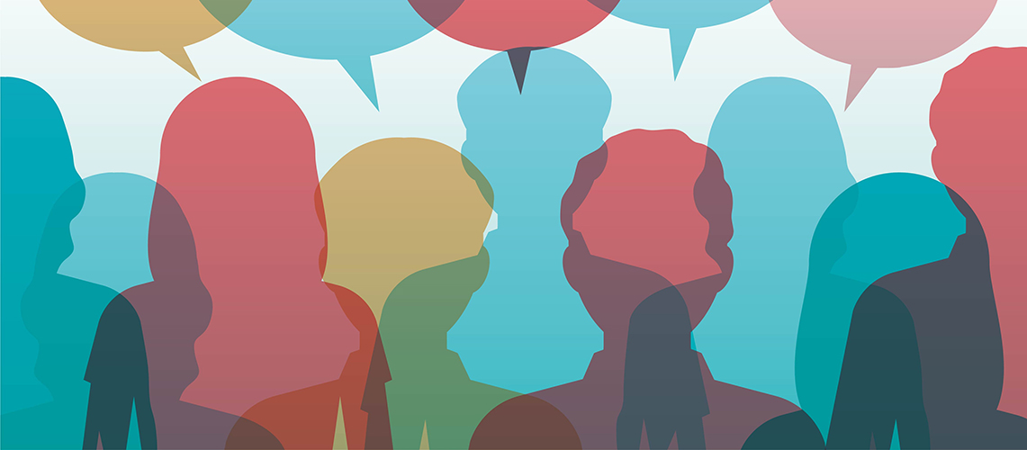 An illustration of a group of people with speech bubbles over their heads.