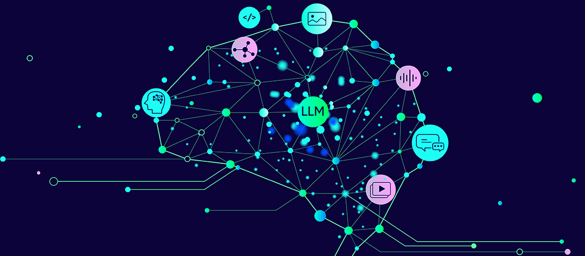 The phrase LLM in the centre of an illustration of a human brain.