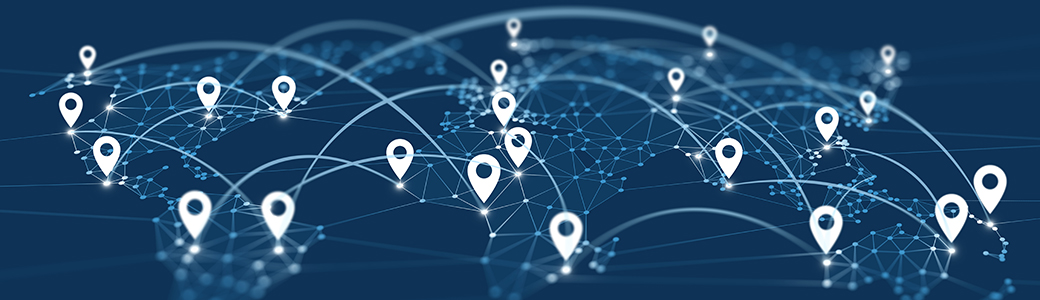 A world map with lines connecting location markers in different regions.